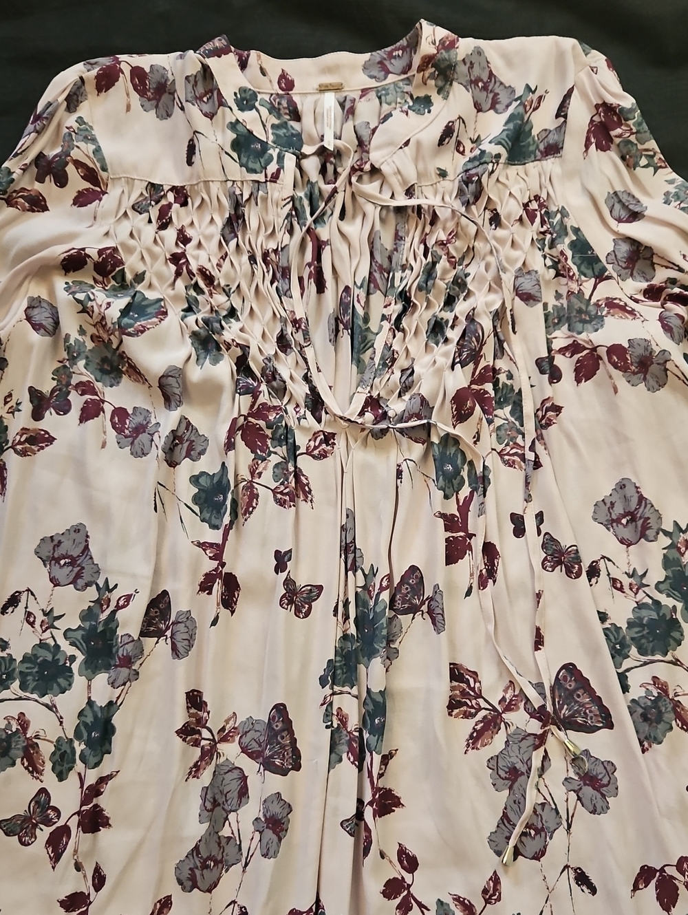 Free People Cream Floral Butterfly Pleated Tie-Front Blouse